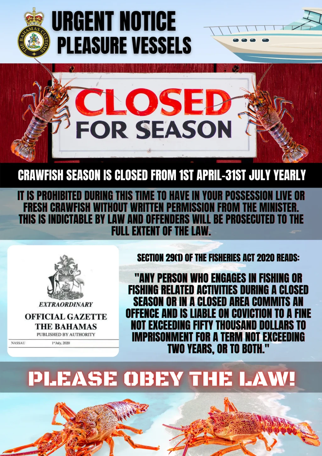 Crawfish Season Closed 1st April-31st July Yearly